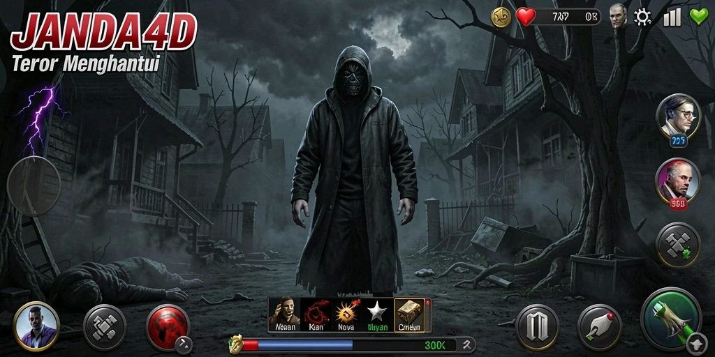 Screenshot gameplay JANDA4D menampilkan suasana mencekam dan penuh ketegangan.
