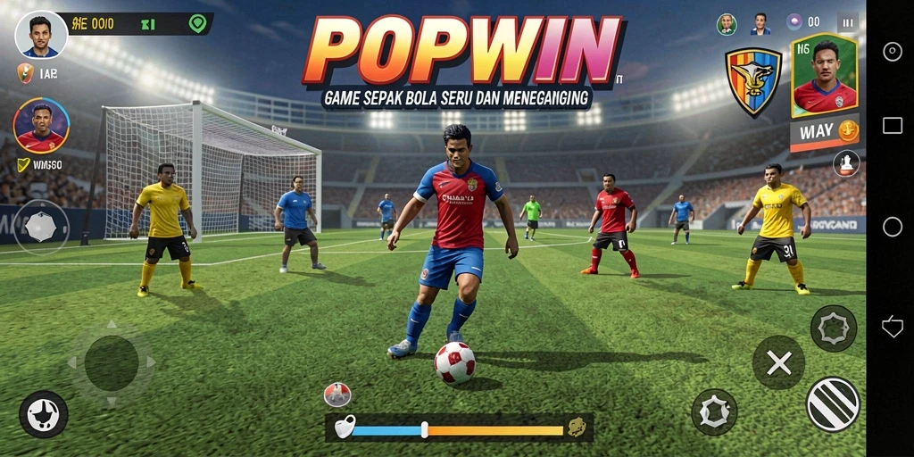 Tampilan gameplay POPWIN dengan aksi sepak bola yang intens dan mendebarkan.