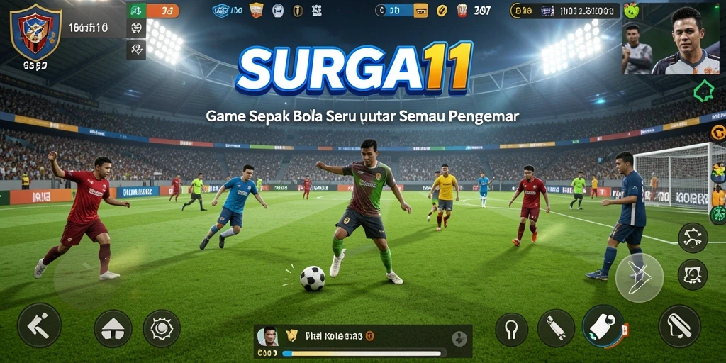 Screenshot utama SURGA11 menunjukkan aksi mendebarkan di lapangan sepak bola.