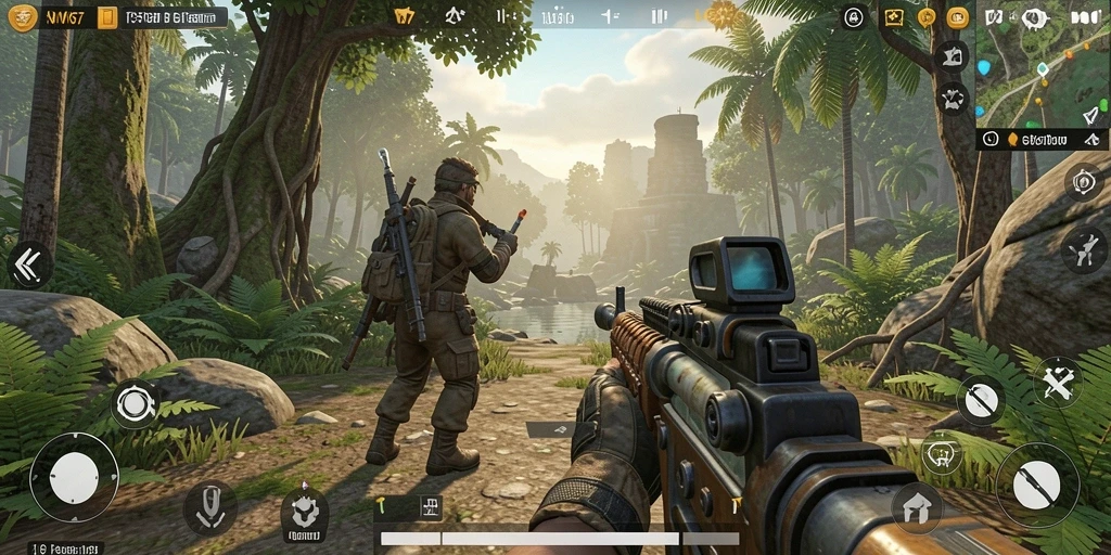 Screenshot W67 menampilkan adegan aksi gameplay TPS yang intens.